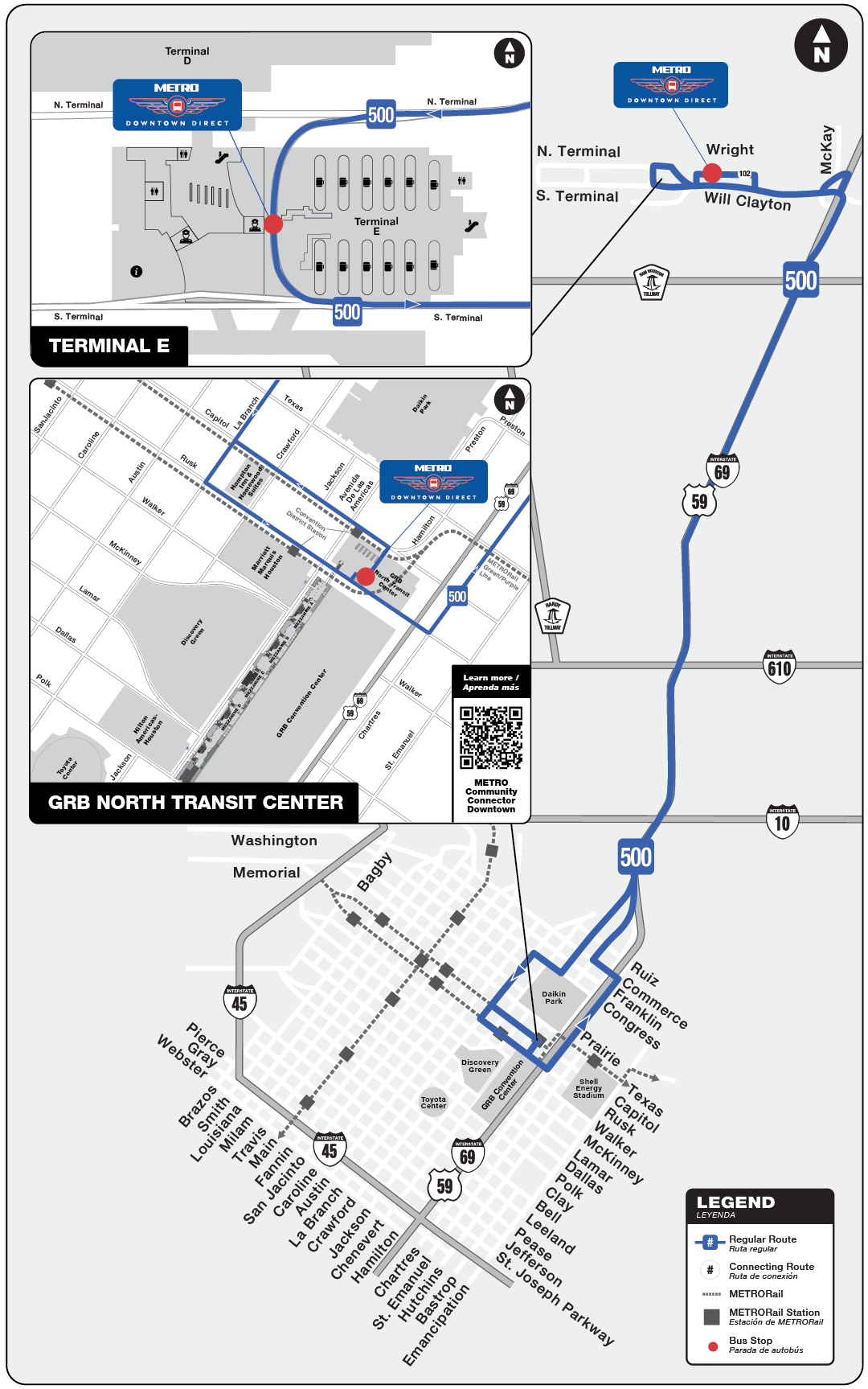 Route Map for 500 Downtown Direct bus.